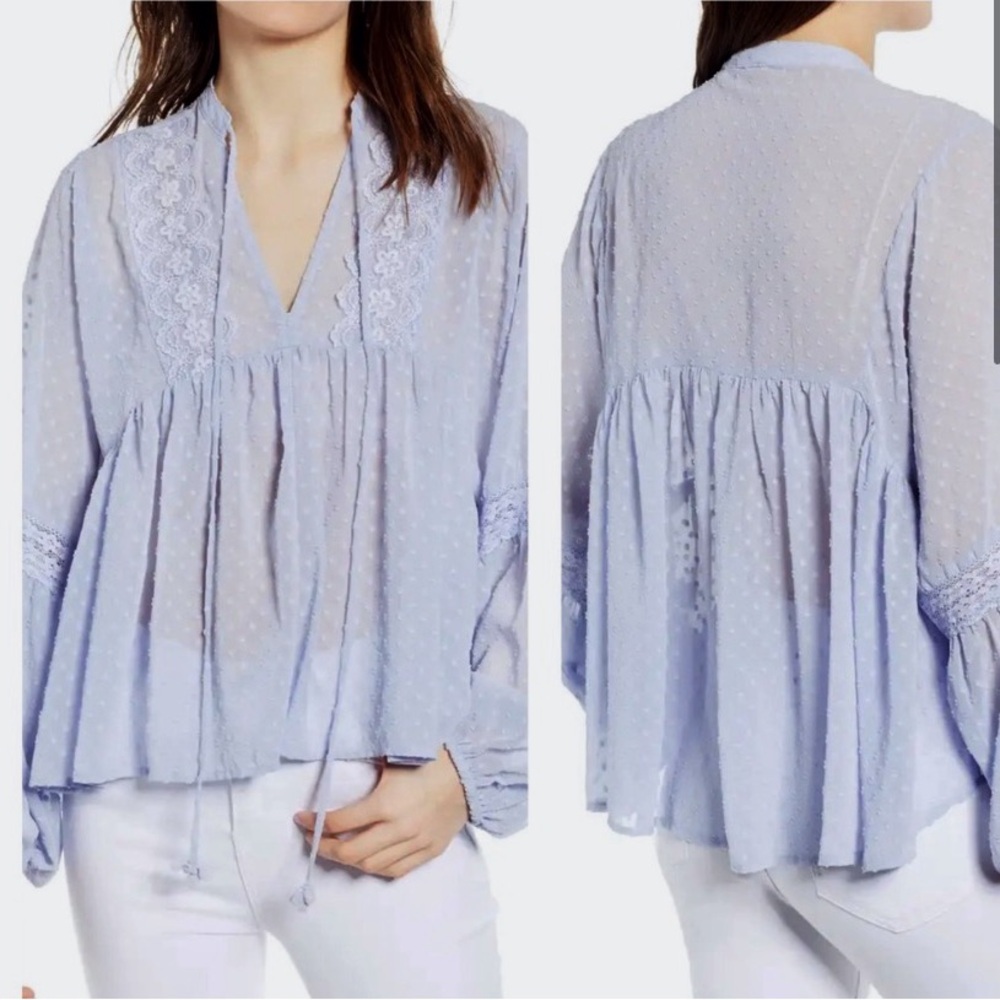 bishop + young Light Blue Swiss Dot Lace Peasant Blouse